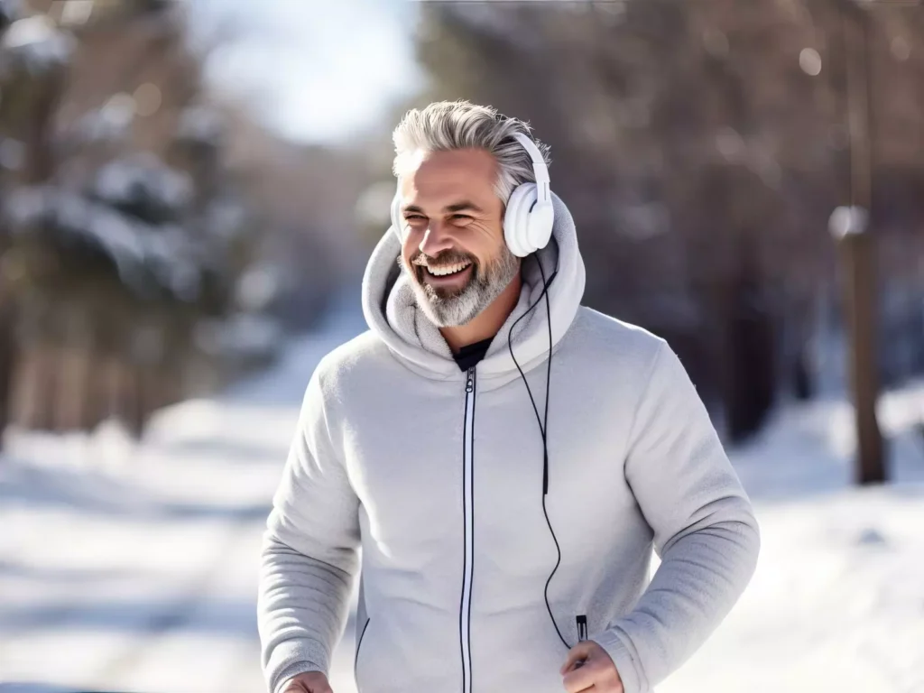 Smiling man with gray hair and beard jogging outdoors in winter, wearing a light gray hoodie and white over-ear headphones, with a snowy path and trees in the background.
